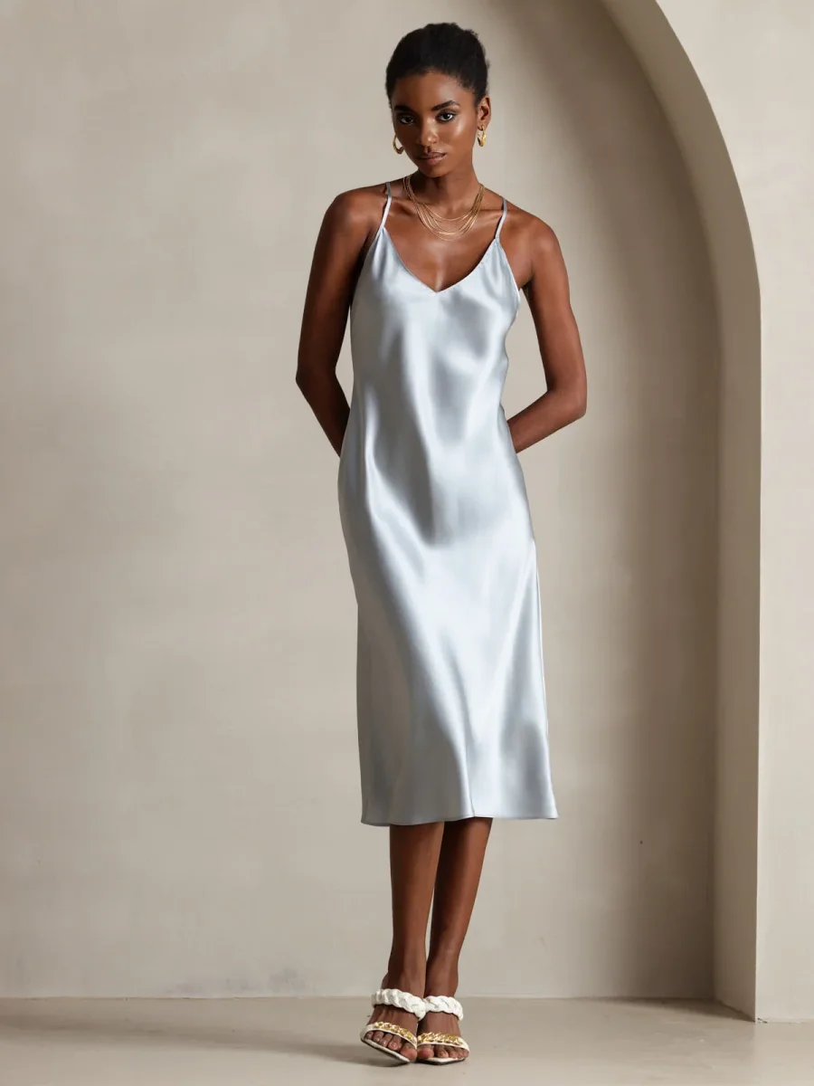 Pura Seda Tirantes Finos Espalda Cruzada Vestido - Imagen 2