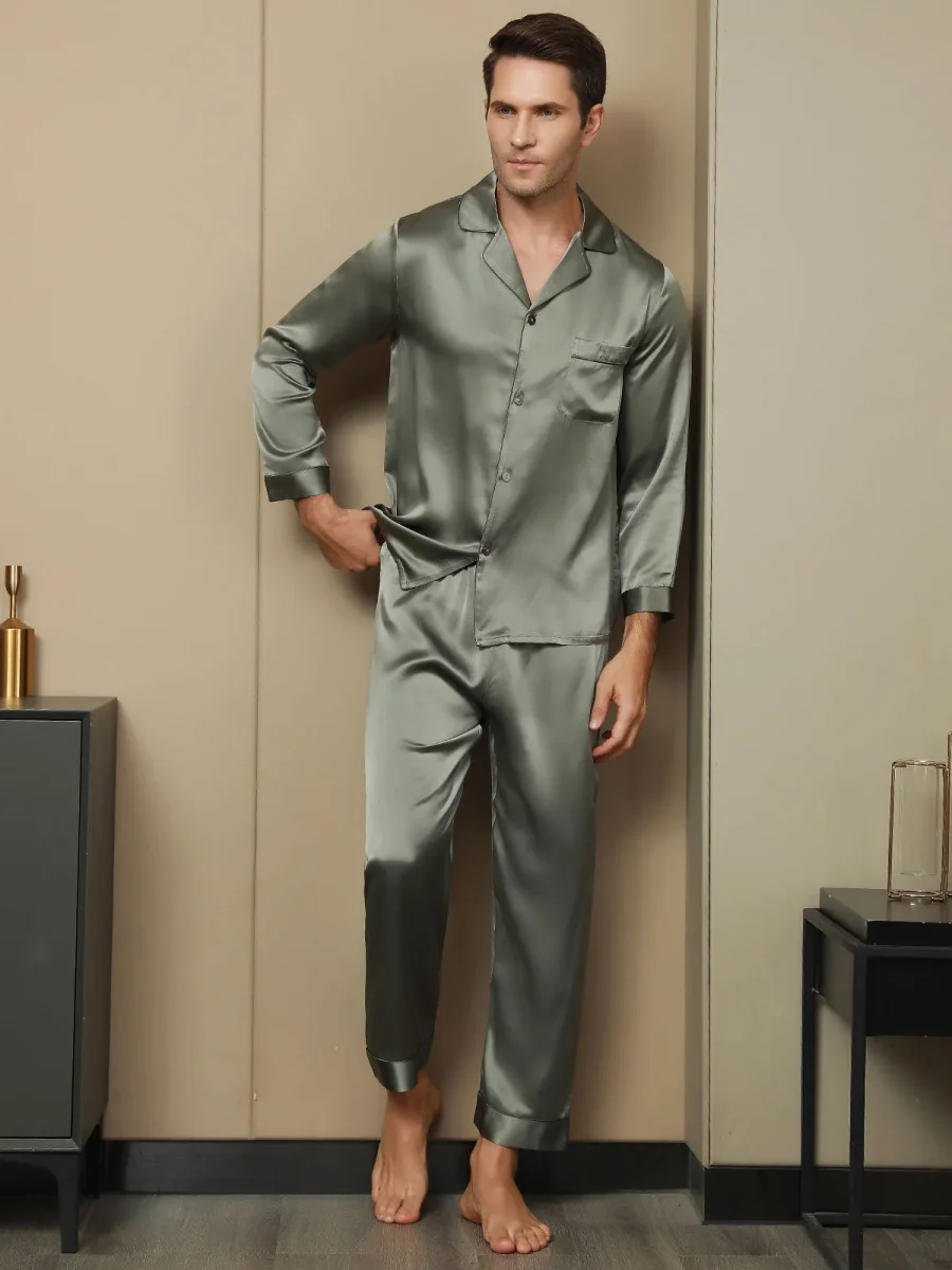 Pijama De Hombre De Pura Seda Con Mangas Largas Y Cuello Solapa