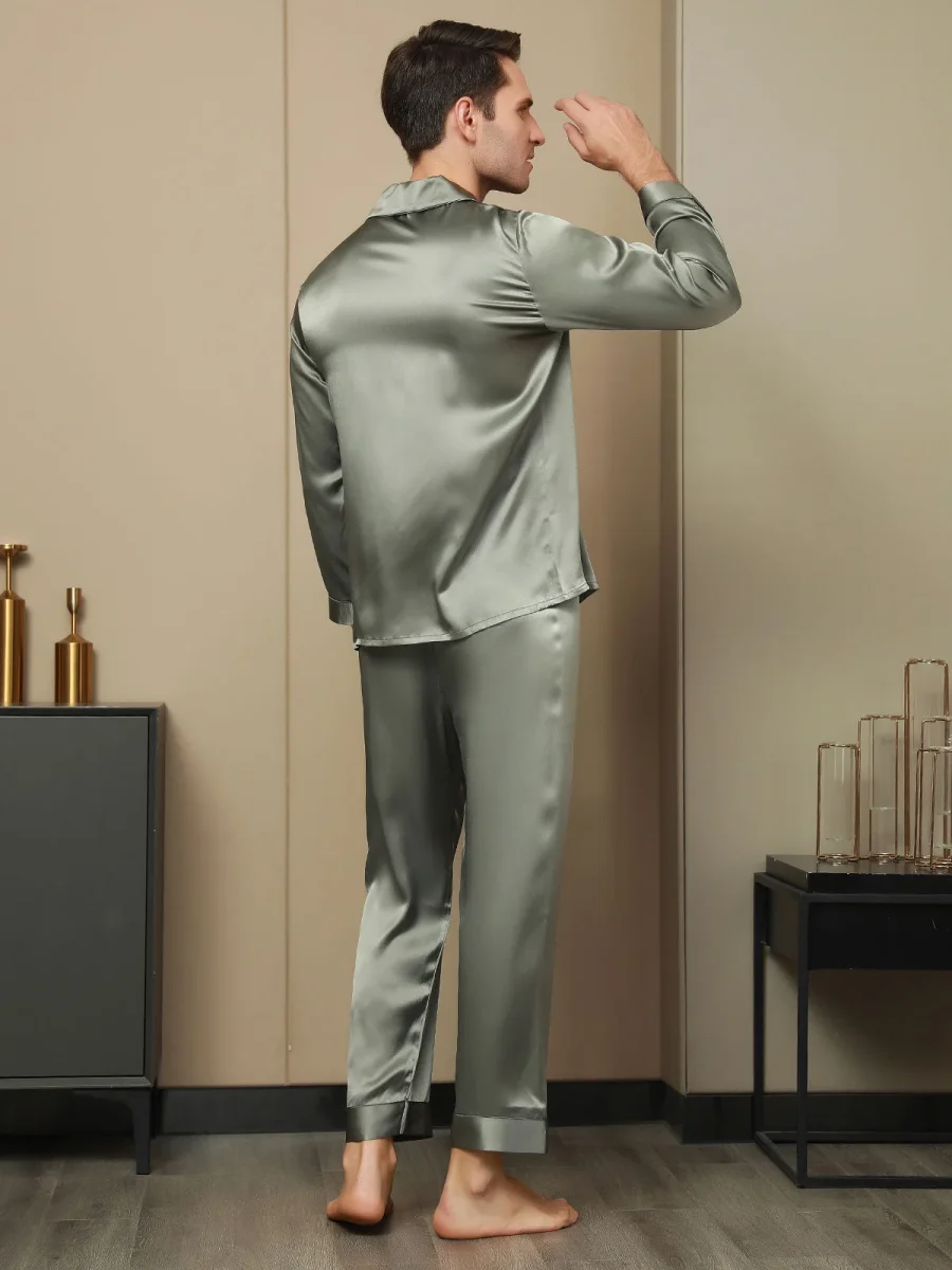 Pijama De Hombre De Pura Seda Con Mangas Largas Y Cuello Solapa - Imagen 3