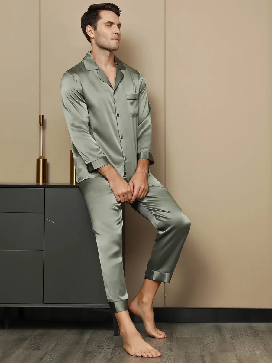 Pijama De Hombre De Pura Seda Con Mangas Largas Y Cuello Solapa - Imagen 4
