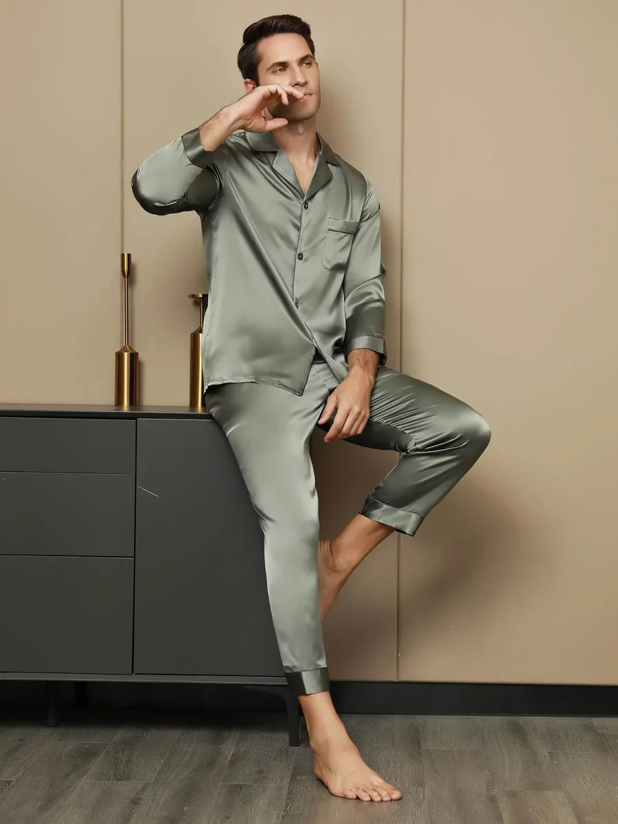 Pijama De Hombre De Pura Seda Con Mangas Largas Y Cuello Solapa - Imagen 5