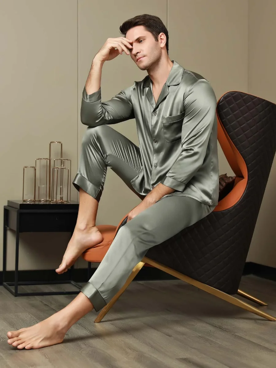 Pijama De Hombre De Pura Seda Con Mangas Largas Y Cuello Solapa - Imagen 6