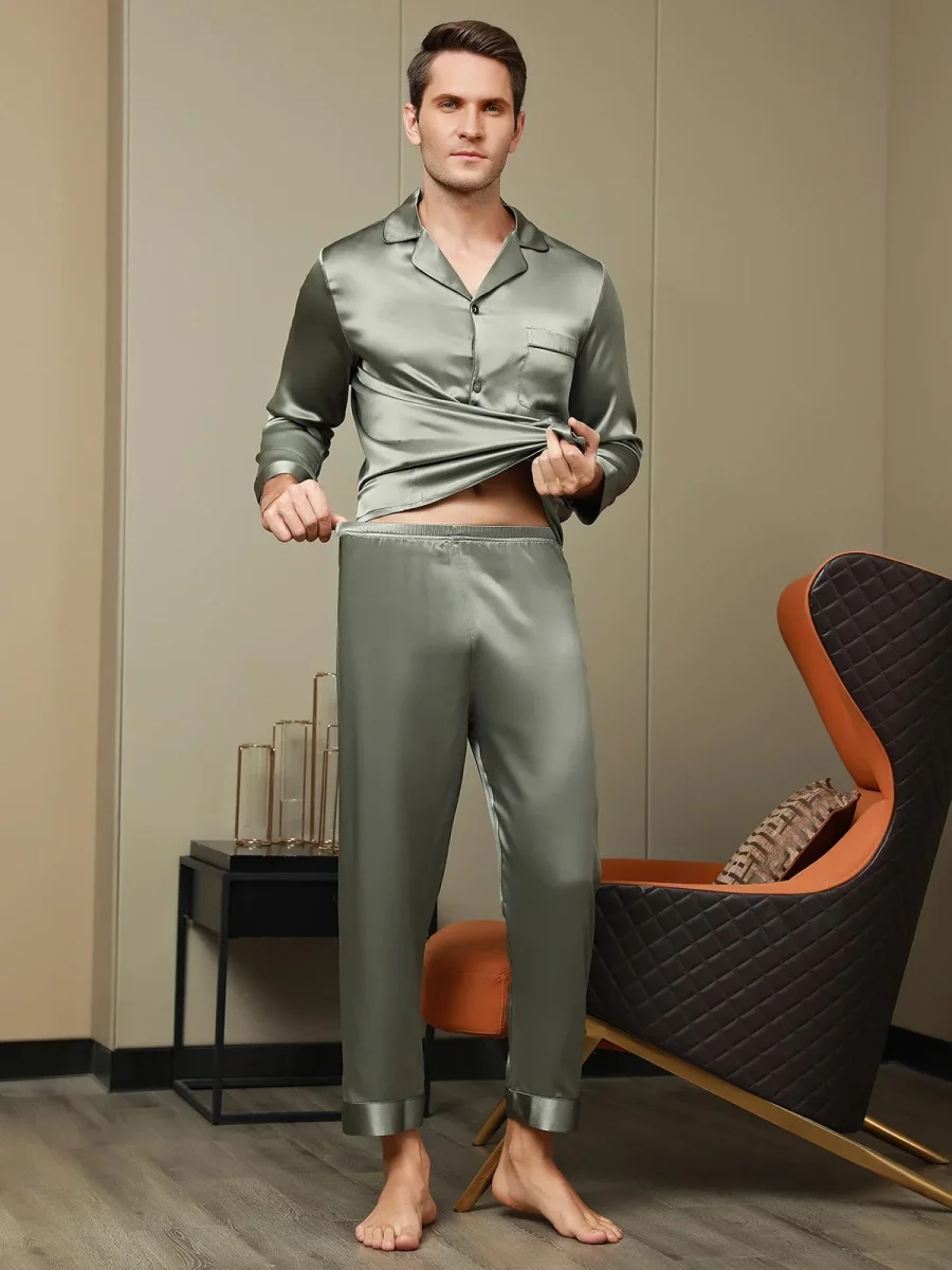 Pijama De Hombre De Pura Seda Con Mangas Largas Y Cuello Solapa - Imagen 8