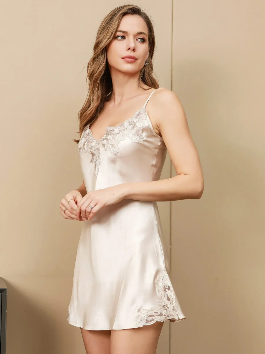 Camisón De Pura Seda Con Tirantes Finos Y Encaje Y Bata Set - Imagen 7