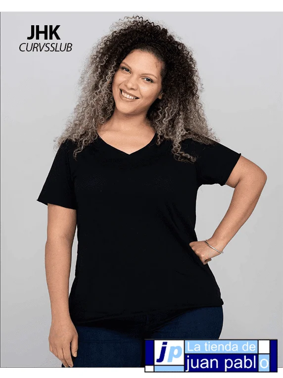 JHK CURVSSLUB Camiseta Mujer Manga Corta y Cuello Pico