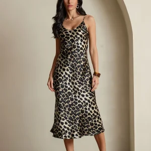 Vestido Midi De Seda Pura Con Estampado De Leopardo Tirantes Finos Escote En V