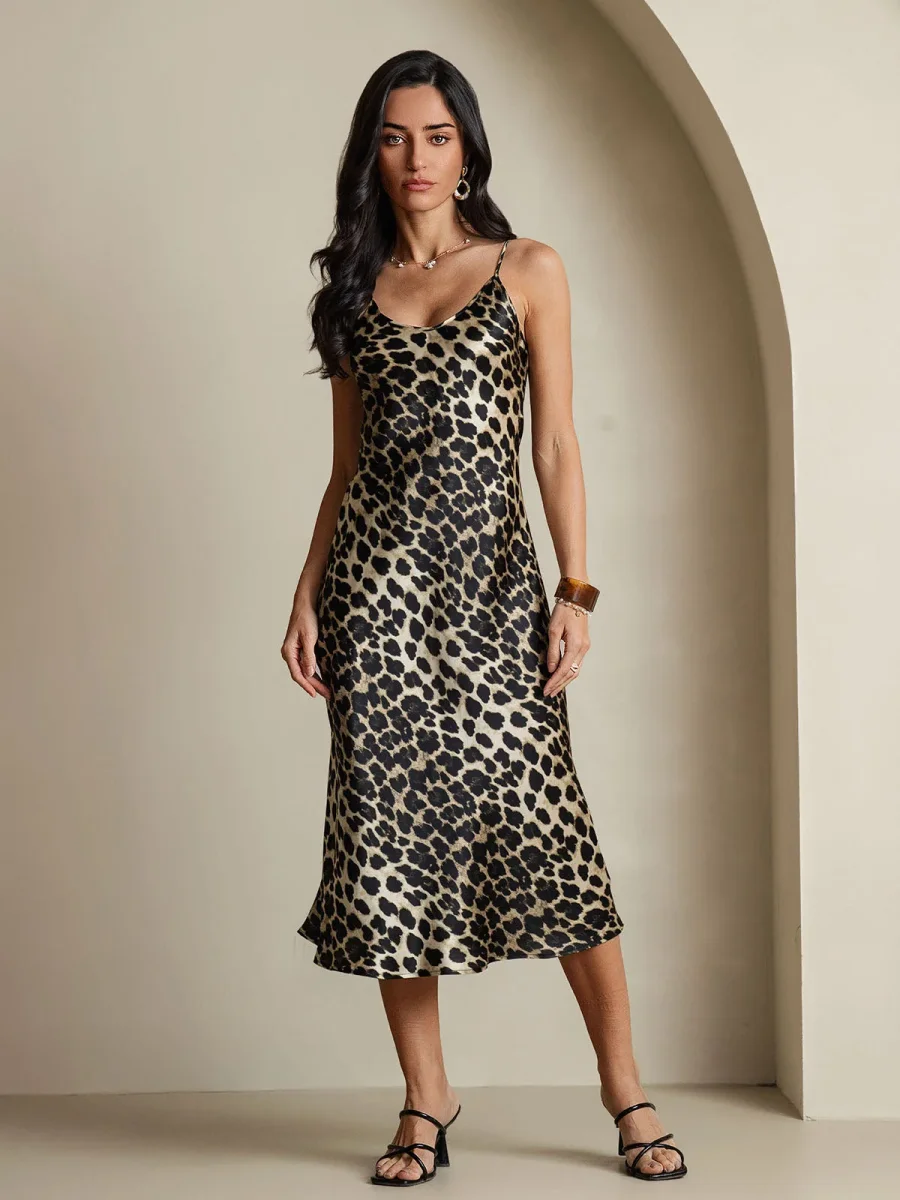 Vestido Midi De Seda Pura Con Estampado De Leopardo Tirantes Finos Escote En V