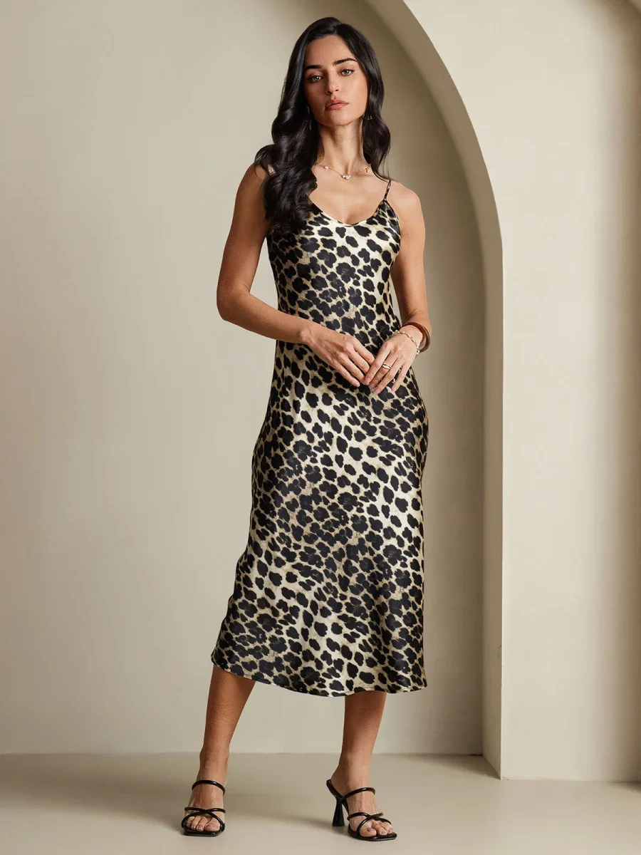 Vestido Midi De Seda Pura Con Estampado De Leopardo Tirantes Finos Escote En V - Imagen 4