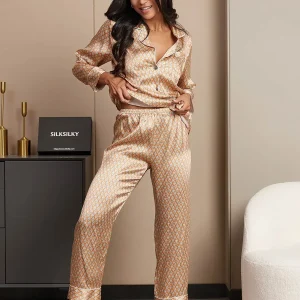 Conjunto De Pijama Para Mujer De Seda Pura Manga Larga Con Pantalón E Imprimé Geométrico