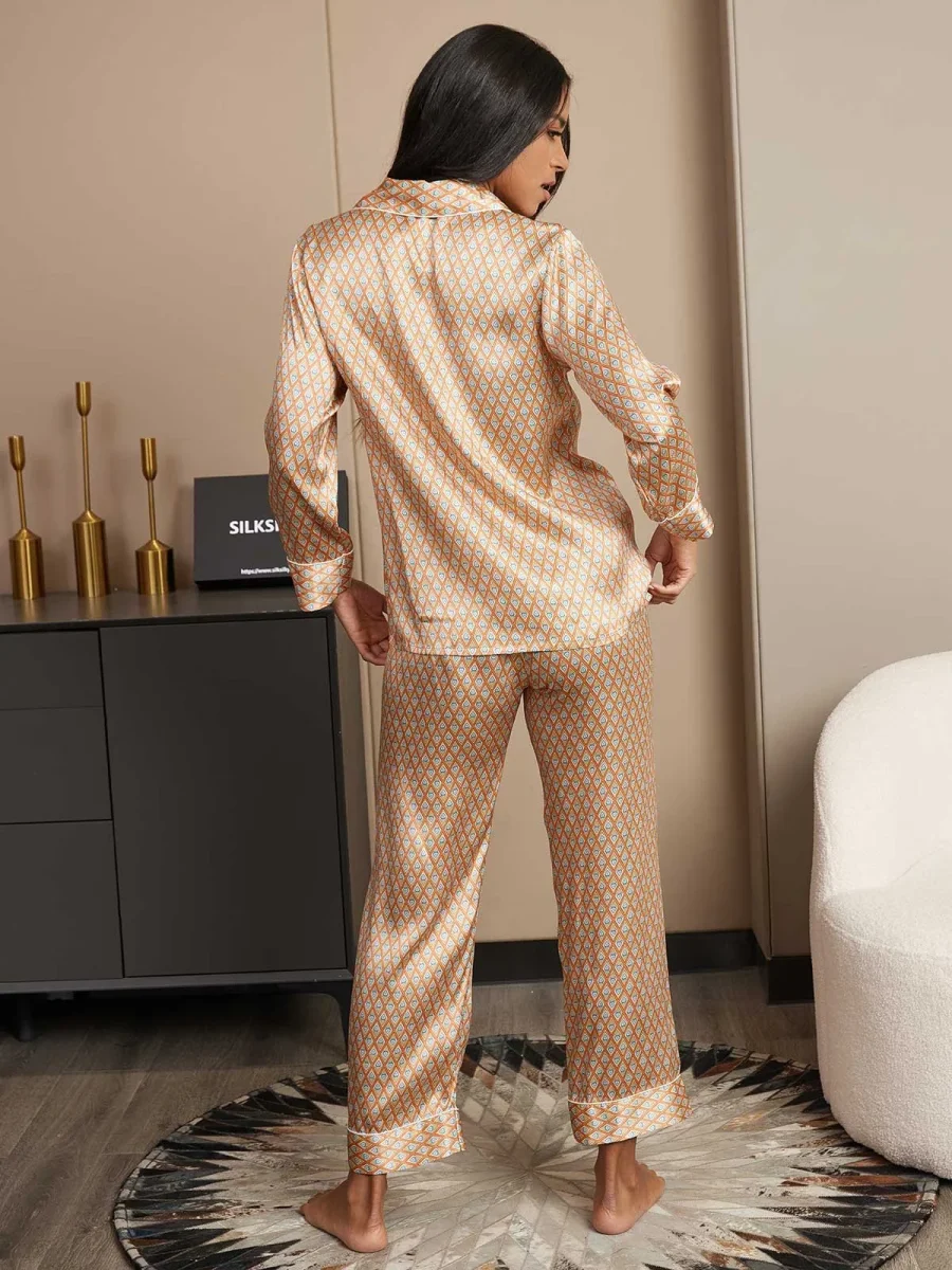Conjunto De Pijama Para Mujer De Seda Pura Manga Larga Con Pantalón E Imprimé Geométrico - Imagen 3
