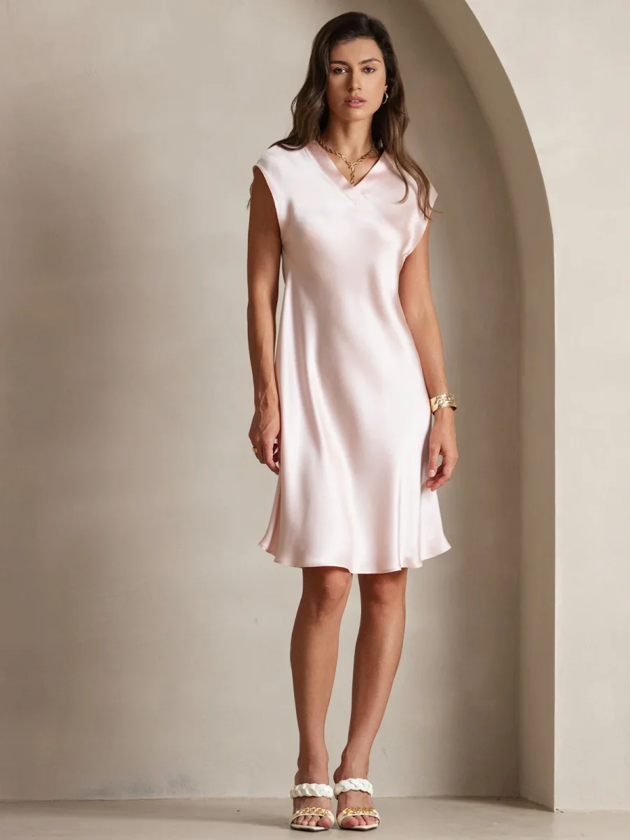 Pura Seda Elegante Cap Sleeve Vestido