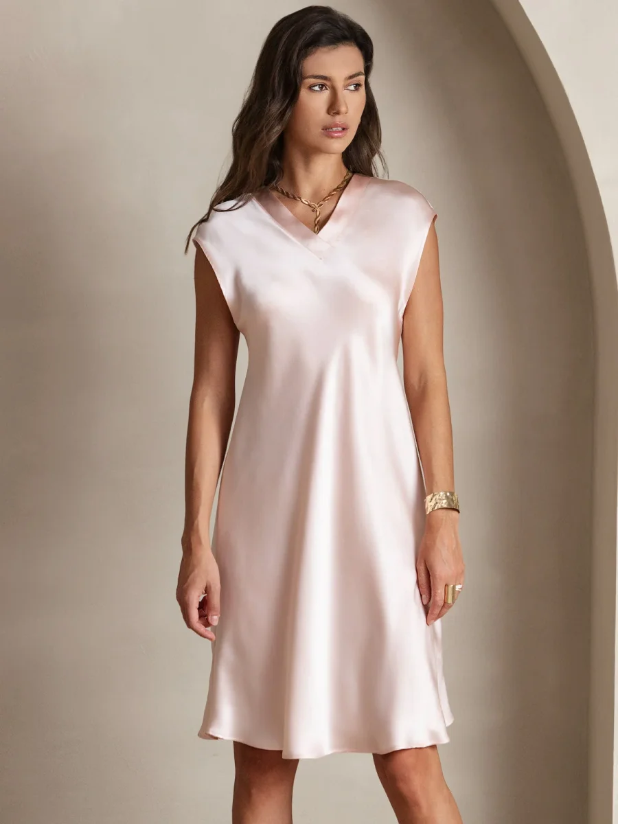 Pura Seda Elegante Cap Sleeve Vestido - Imagen 7