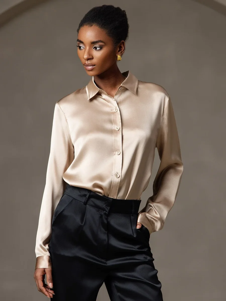 19 Momme Camisa Básica De Seda A La Moda - Imagen 4