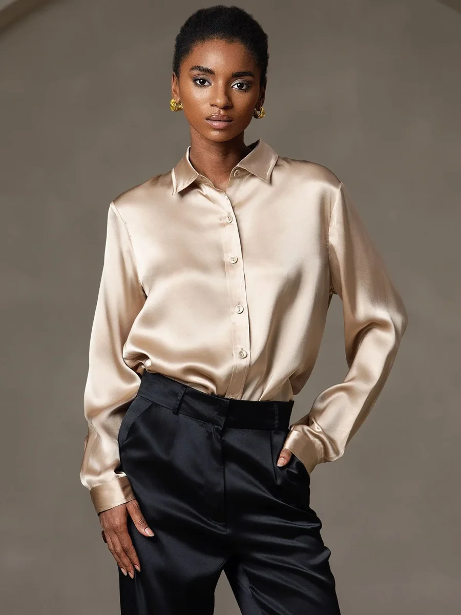 19 Momme Camisa Básica De Seda A La Moda - Imagen 7