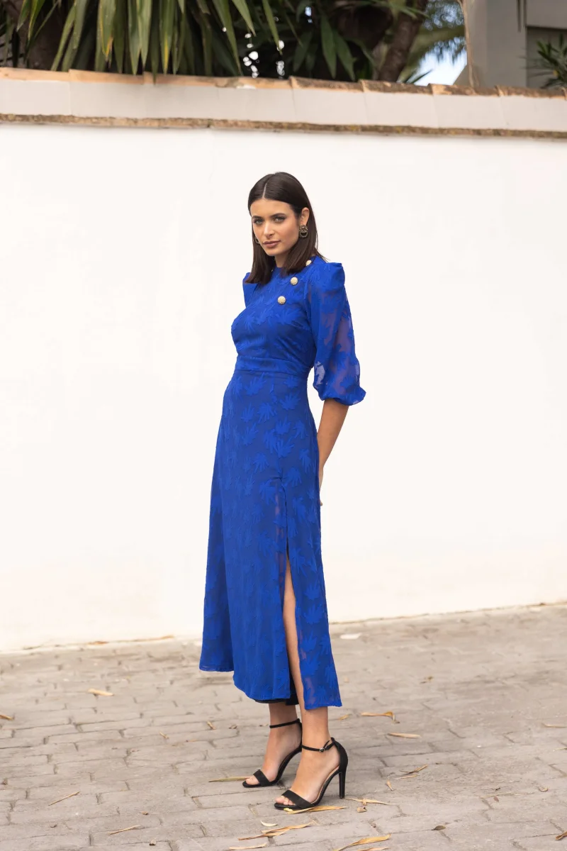 Vestido Invitada Boda | Gasa Brocada | Azul Klein | Maiori - Imagen 3