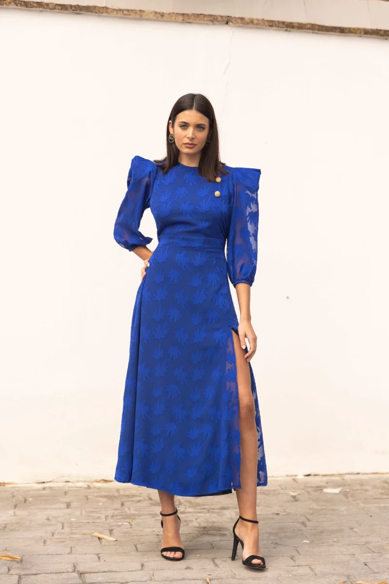 Vestido Invitada Boda | Gasa Brocada | Azul Klein | Maiori - Imagen 4
