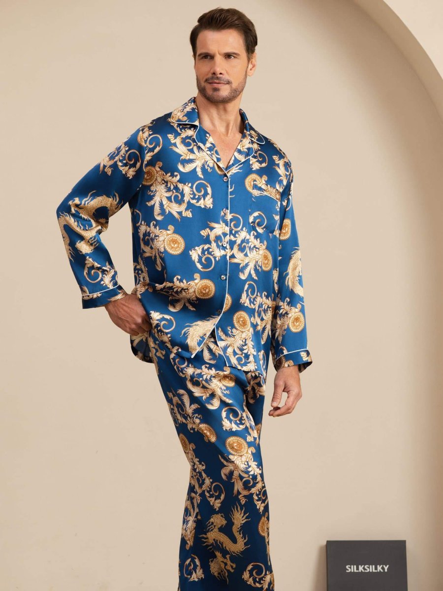 Pure Seda Hombre Estampado Dragón Manga Larga Cuello Notch Conjunto Pijama - Imagen 4