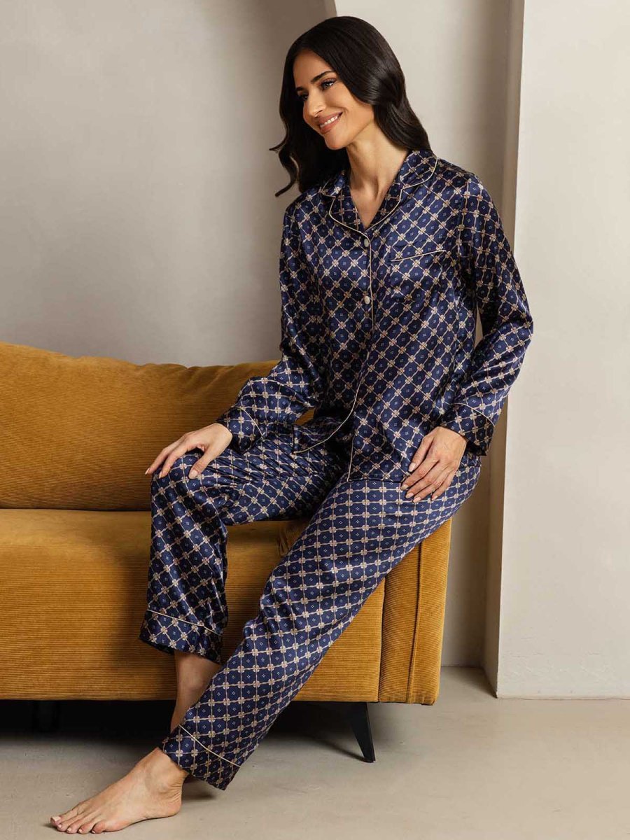 Conjunto De Pijama De Seda Pura Para Mujer Con Estampado De Cadena Marino, Manga Larga Y Cuello Con Solapas - Imagen 5