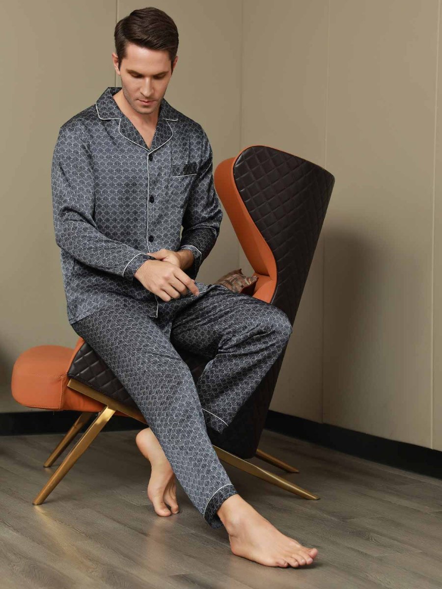 Conjunto De Pijama Para Hombre De Seda Pura Con Estampado De Ginkgo Azul Marino Manga Larga Y Pantalones - Imagen 8