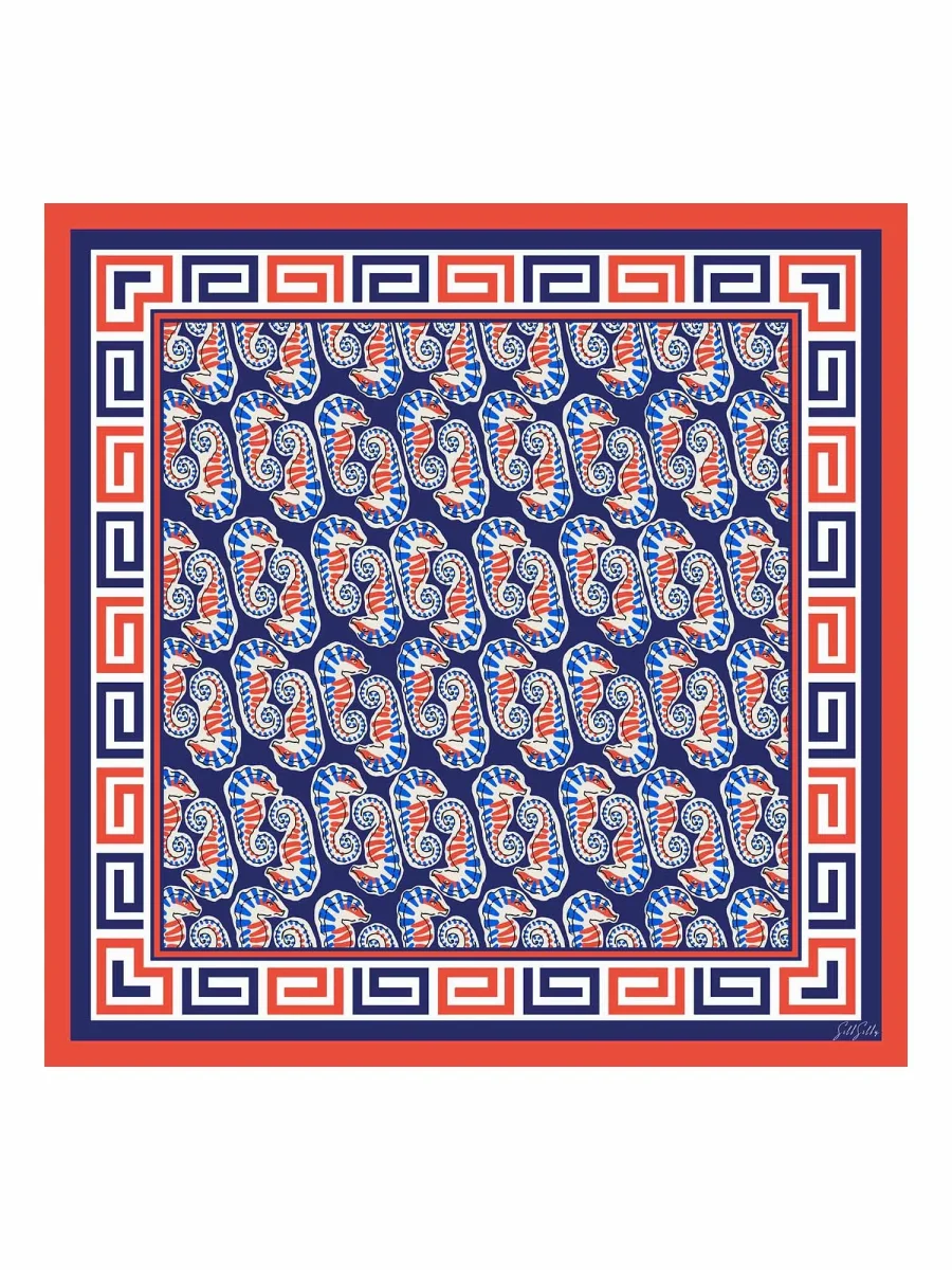 Pañuelo De Seda De Morera 100 Por Ciento Con Estampado De Caballito De Mar Tamaño 90 x 90 cm