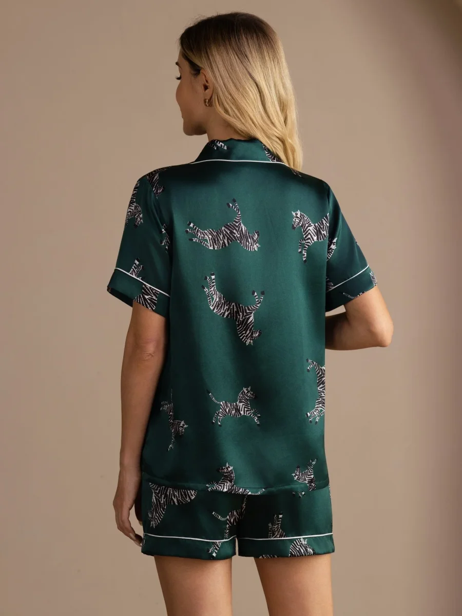 Conjunto De Pijama De Botones De Manga Corta Con Estampado De Cebra De Seda De Morera 100% Para Mujer - Imagen 3
