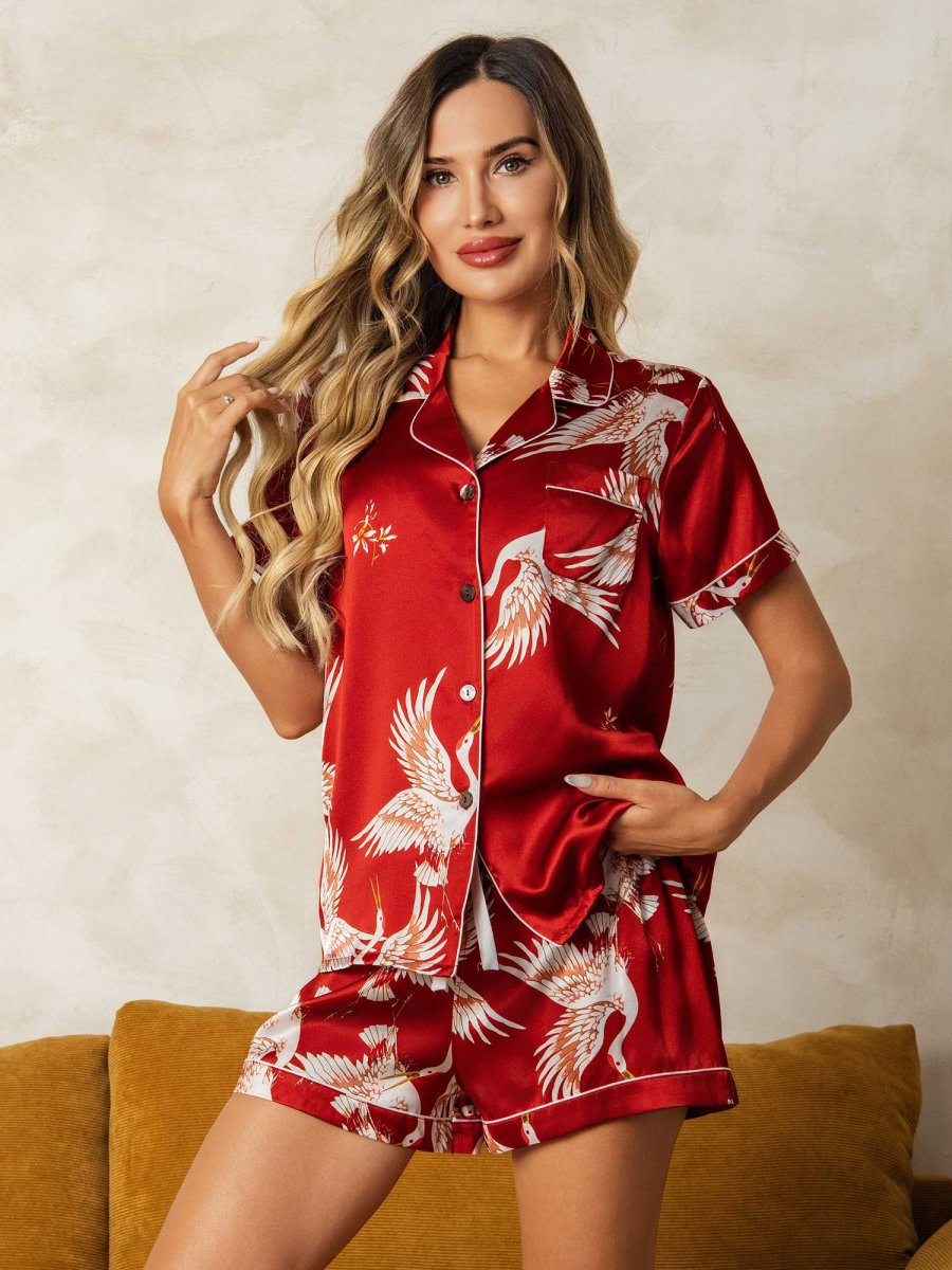 19Momme Conjunto De Pijama Para Mujer En Seda Pura Manga Corta Estampado De Grulla - Imagen 4