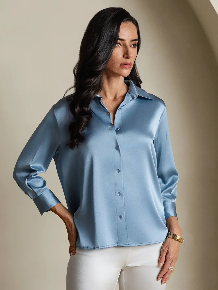 19Momme Seda Larga Manga Solapa Camisa - Imagen 4