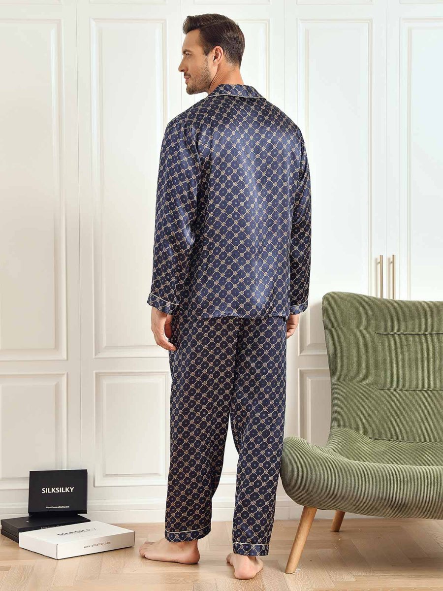 Conjunto De Pijama De Hombre De Seda Pura Con Estampado De Cadena Azul Marino Manga Larga Con Pantalón - Imagen 4
