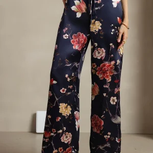 Pantalones De Mujer De Pierna Ancha De Seda 19Momme Azul Marino Con Estampado Floral Y Bolsillos Laterales
