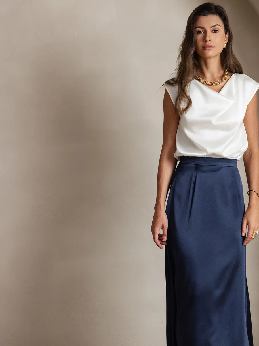 19Momme Seda Cuello Bote Cap Mangas Blusa - Imagen 4