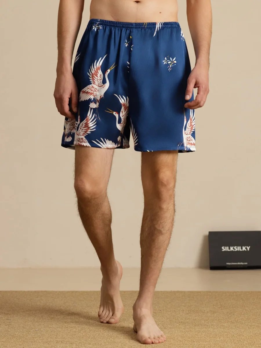 19Momme Seda Pura Pantalones Cortos de Sueño Hombre Estampado Grúa Cintura Elástica - Imagen 4