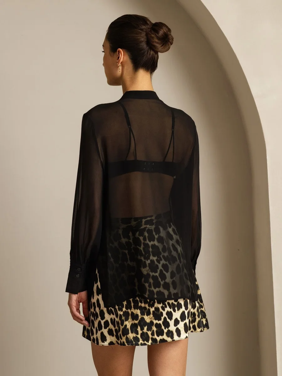 Seda Pura Blusa de Manga Larga Con Corte Transparente - Imagen 3