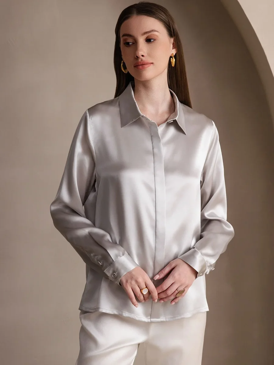 19 Momme Camisa Básica De Seda De Manga Larga - Imagen 5