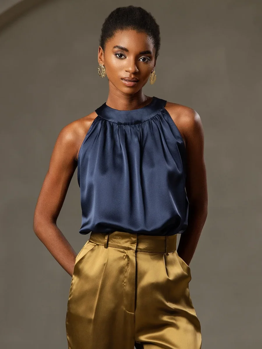 19 Momme Seda Relajado Sin Mangas Halter Top - Imagen 4