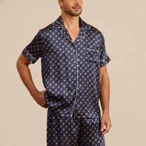 Conjunto Pijama Hombre De Seda Manga Corta Cuello Con Muesca Estampado Cadena Con Shorts