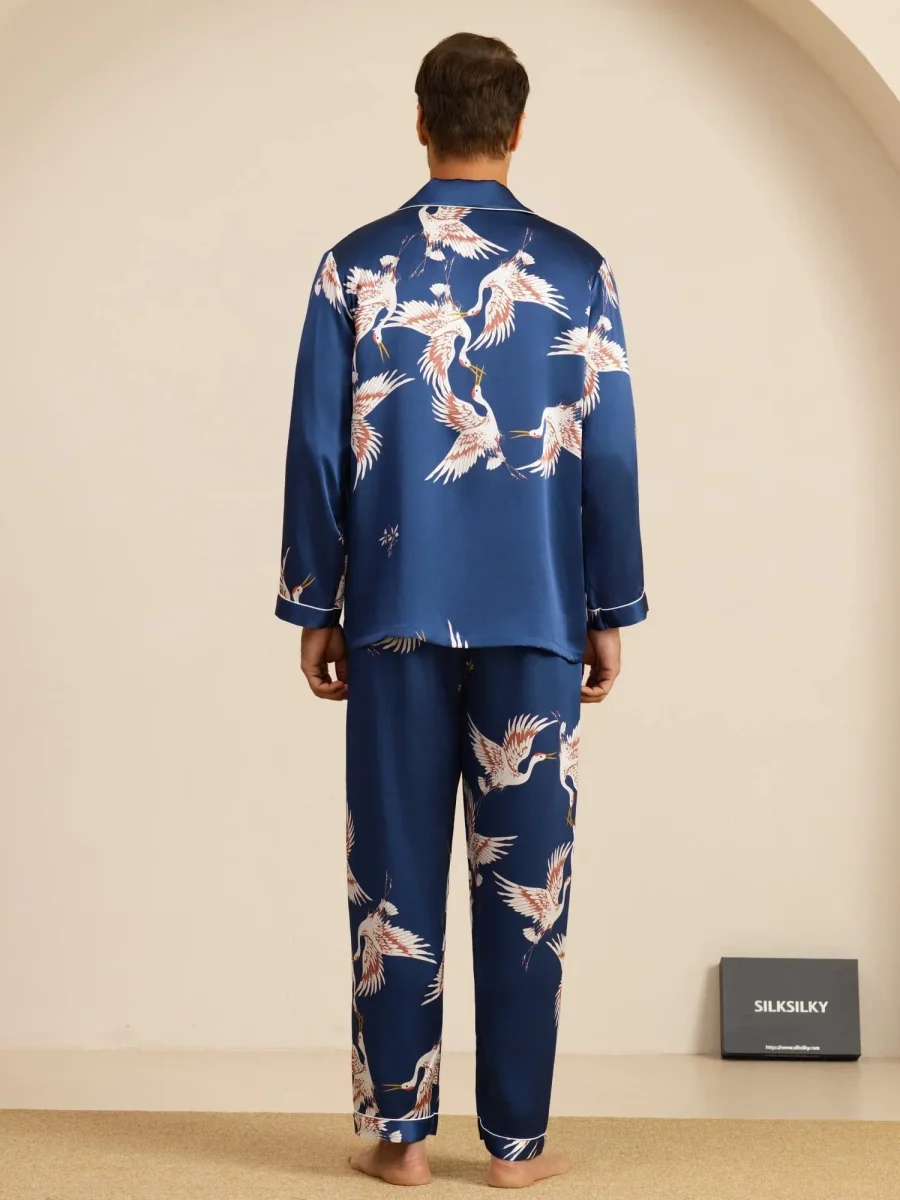 Conjunto de Pijamas para Hombre Estampado de Grúa Seda Pura 19Momme Manga Larga Cuello Notch - Imagen 3
