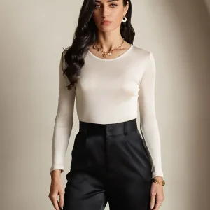 Mezcla De Seda Cuello Redondo Manga Larga Camiseta