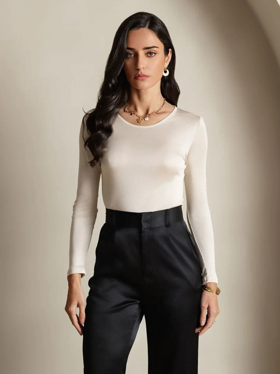 Mezcla De Seda Cuello Redondo Manga Larga Camiseta