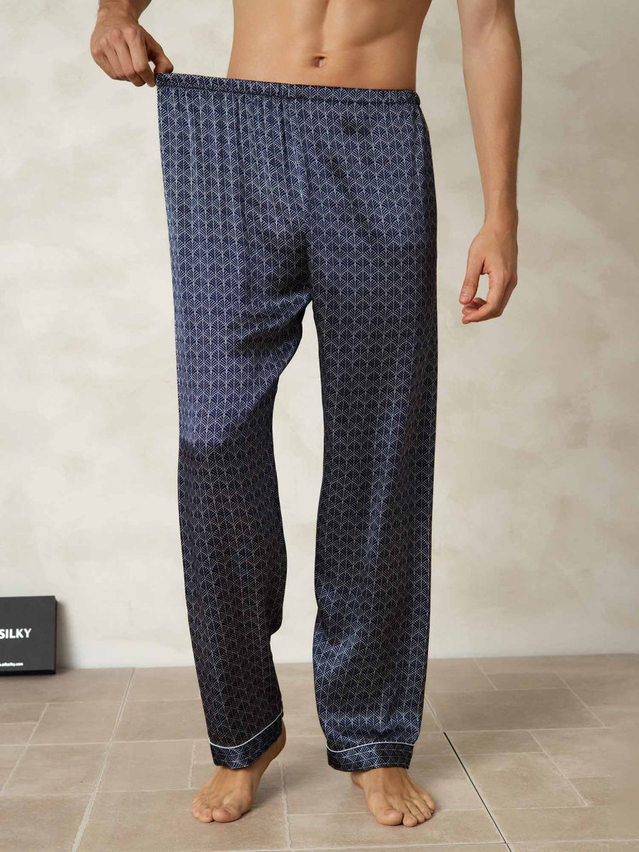 Pantalones De Dormir De Seda Pura Ginkgo Azul Marino Para Hombre Con Cintura Elástica - Imagen 4