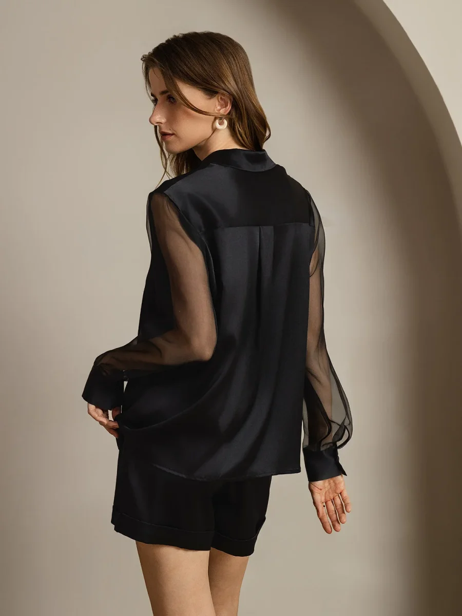 19Momme Seda Militar Cuello Transparentes Mangas Detalles Blusas - Imagen 3