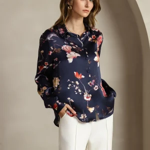 Camisa De Seda 19Momme Mujer Con Estampado Floral Marino Manga Larga Y Cuello Con Solapa
