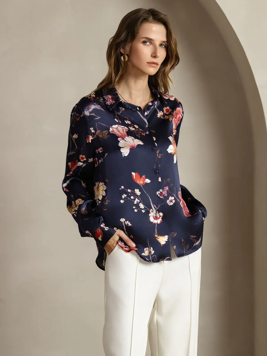 Camisa De Seda 19Momme Mujer Con Estampado Floral Marino Manga Larga Y Cuello Con Solapa