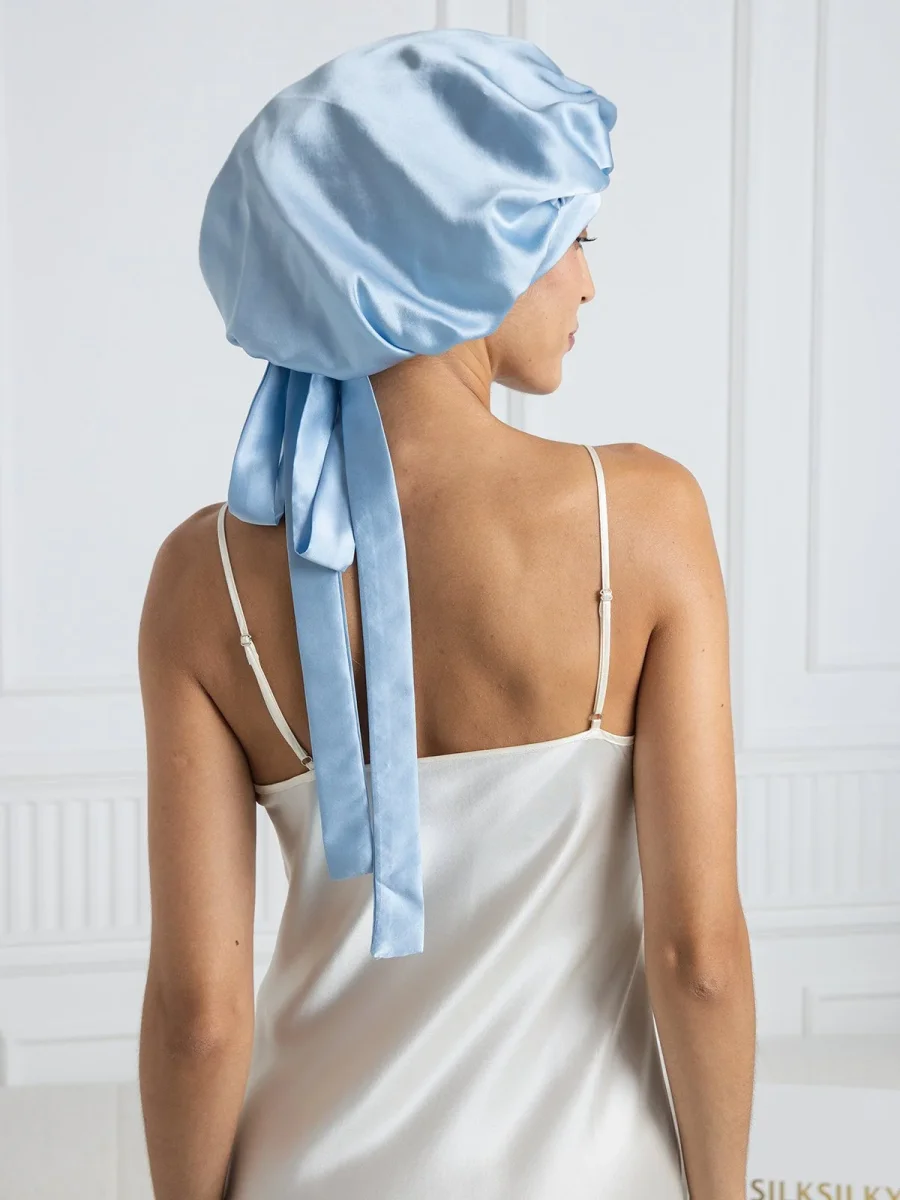 Gorro de dormir elegante de seda pura con cintas largas - Imagen 4