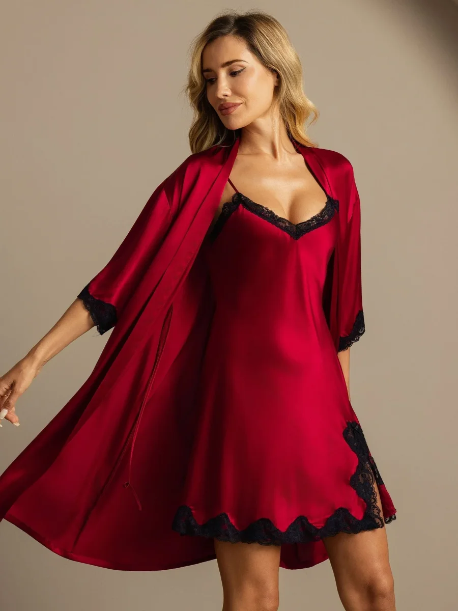Conjunto 2 Piezas Camisón y Bata con Borde de Encaje en Seda Pura con Abertura - Imagen 5