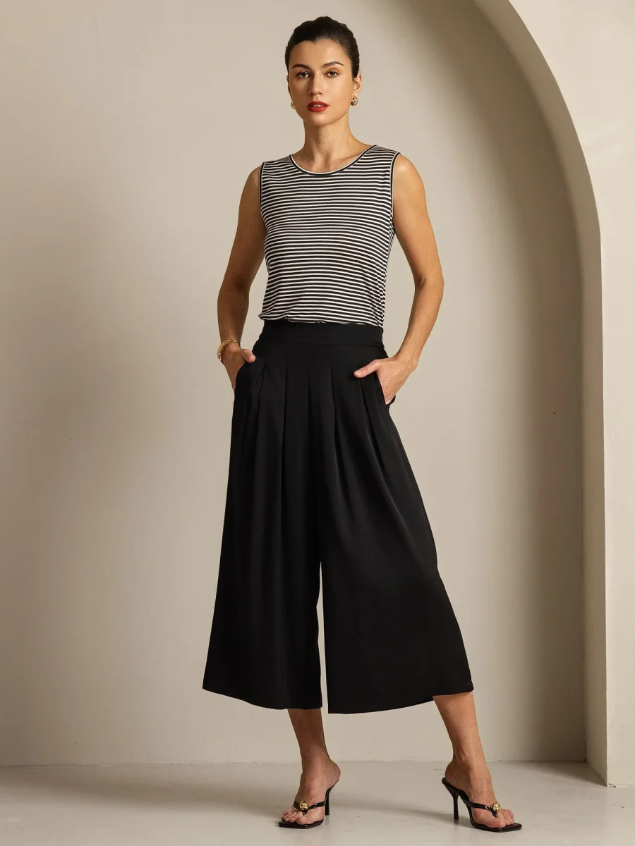 Pantalón Capri Mujer Seda 19Momme Cintura Alta Plisado Pierna Ancha