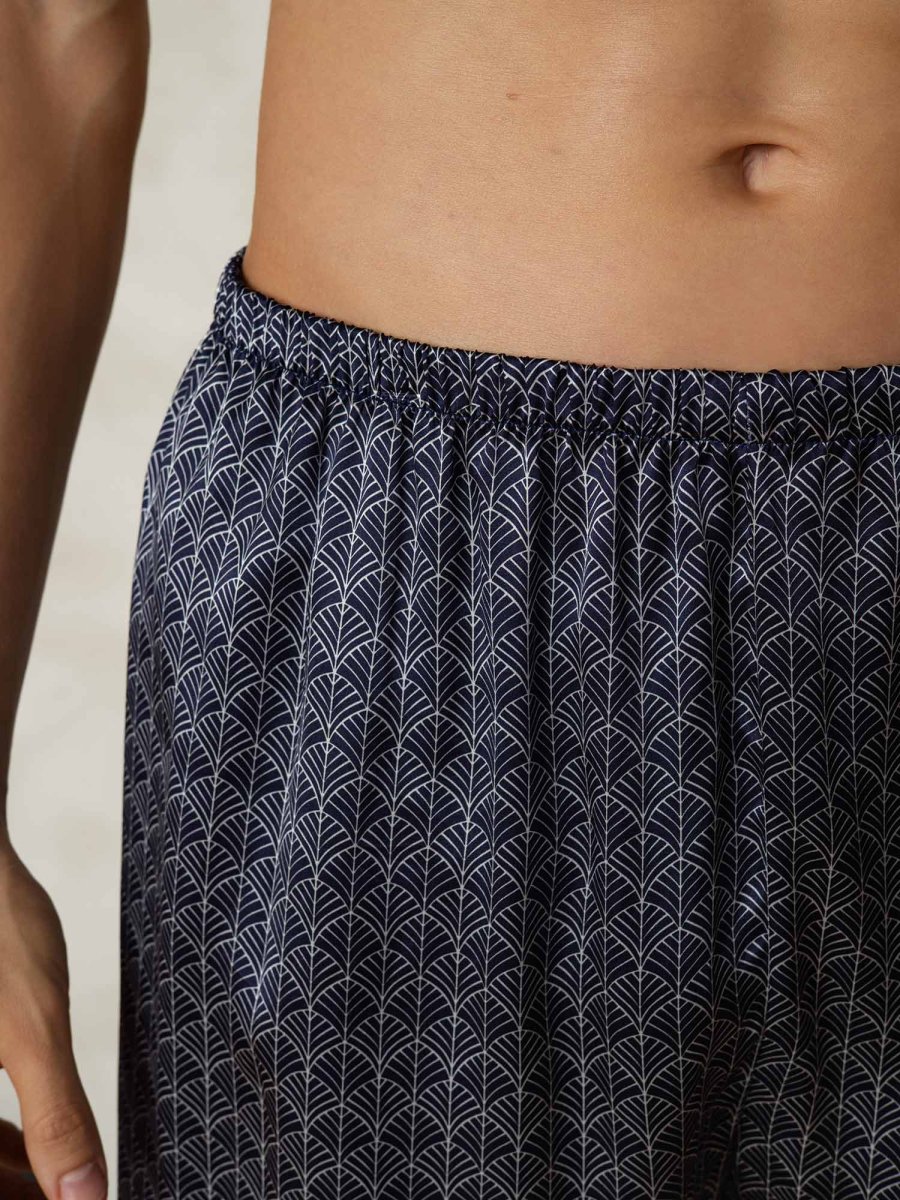 Pantalones Cortos De Dormir Para Hombre Pure Silk Ginkgo Azul Marino Estampado Cintura Elástica - Imagen 8