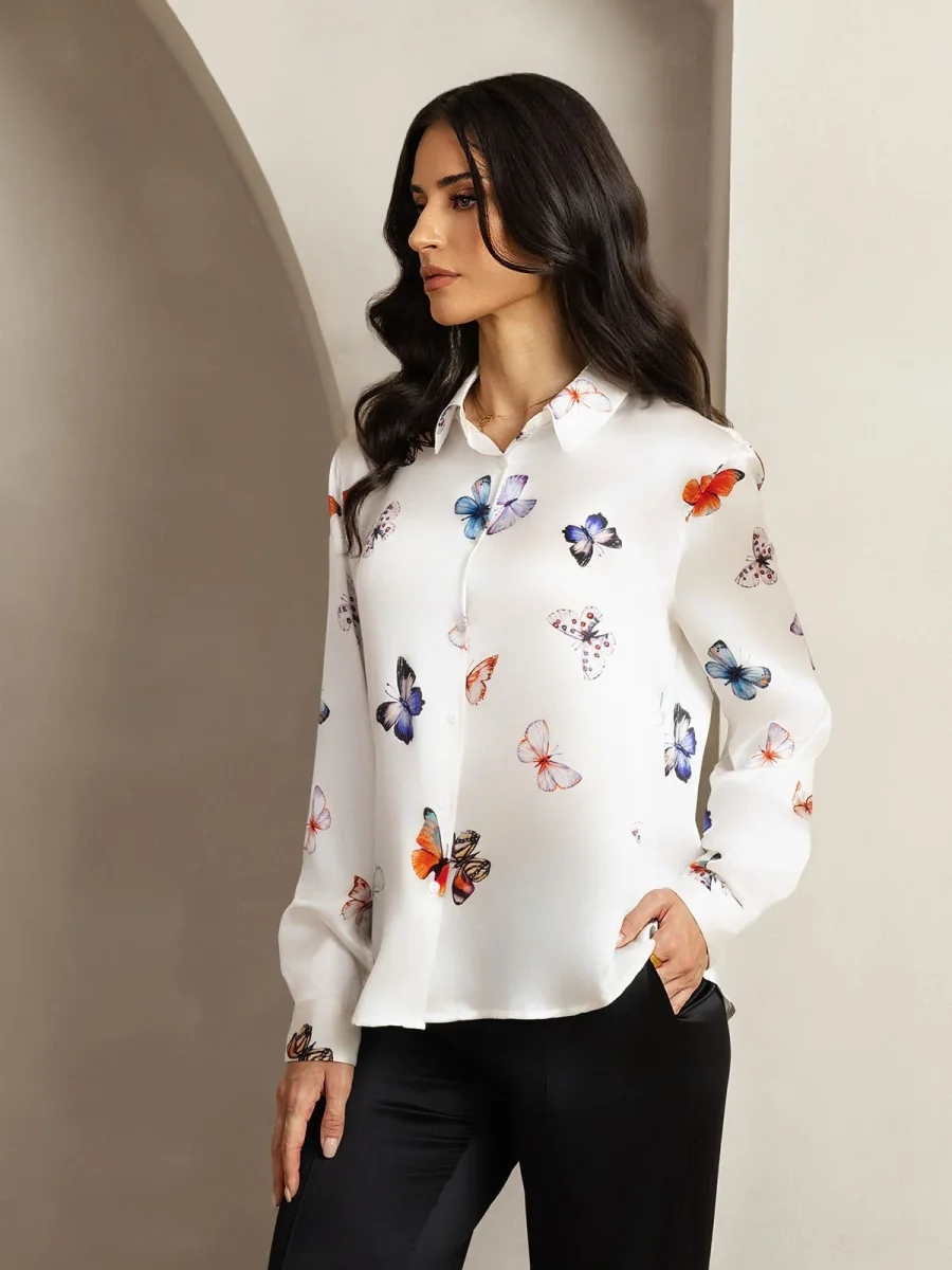 Camisa De Seda 19Momme Mujer Con Estampado De Mariposas Manga Larga Y Cuello Con Solapa - Imagen 7