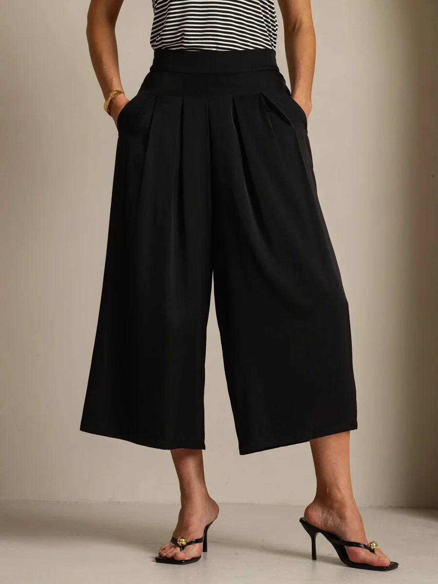 Pantalón Capri Mujer Seda 19Momme Cintura Alta Plisado Pierna Ancha - Imagen 4