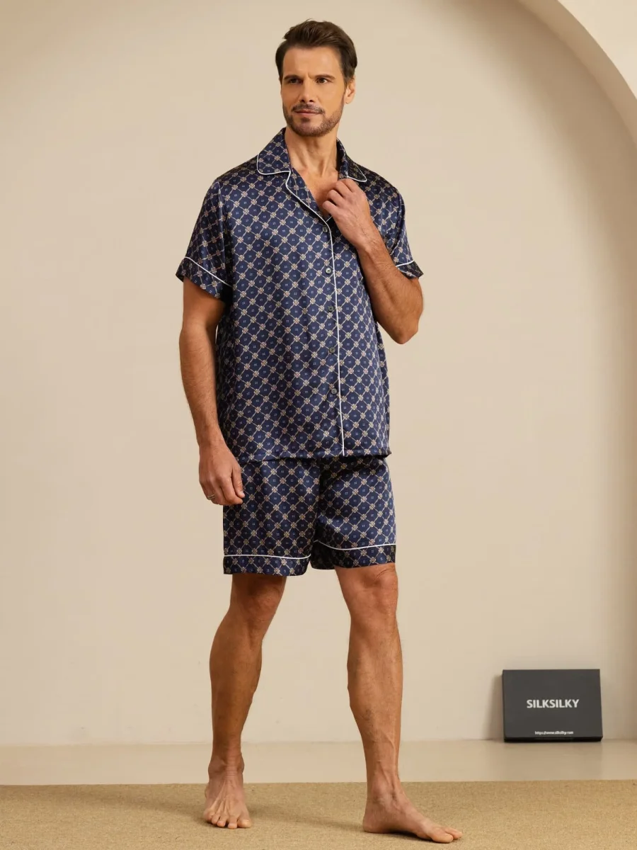 Conjunto Pijama Hombre De Seda Manga Corta Cuello Con Muesca Estampado Cadena Con Shorts - Imagen 8