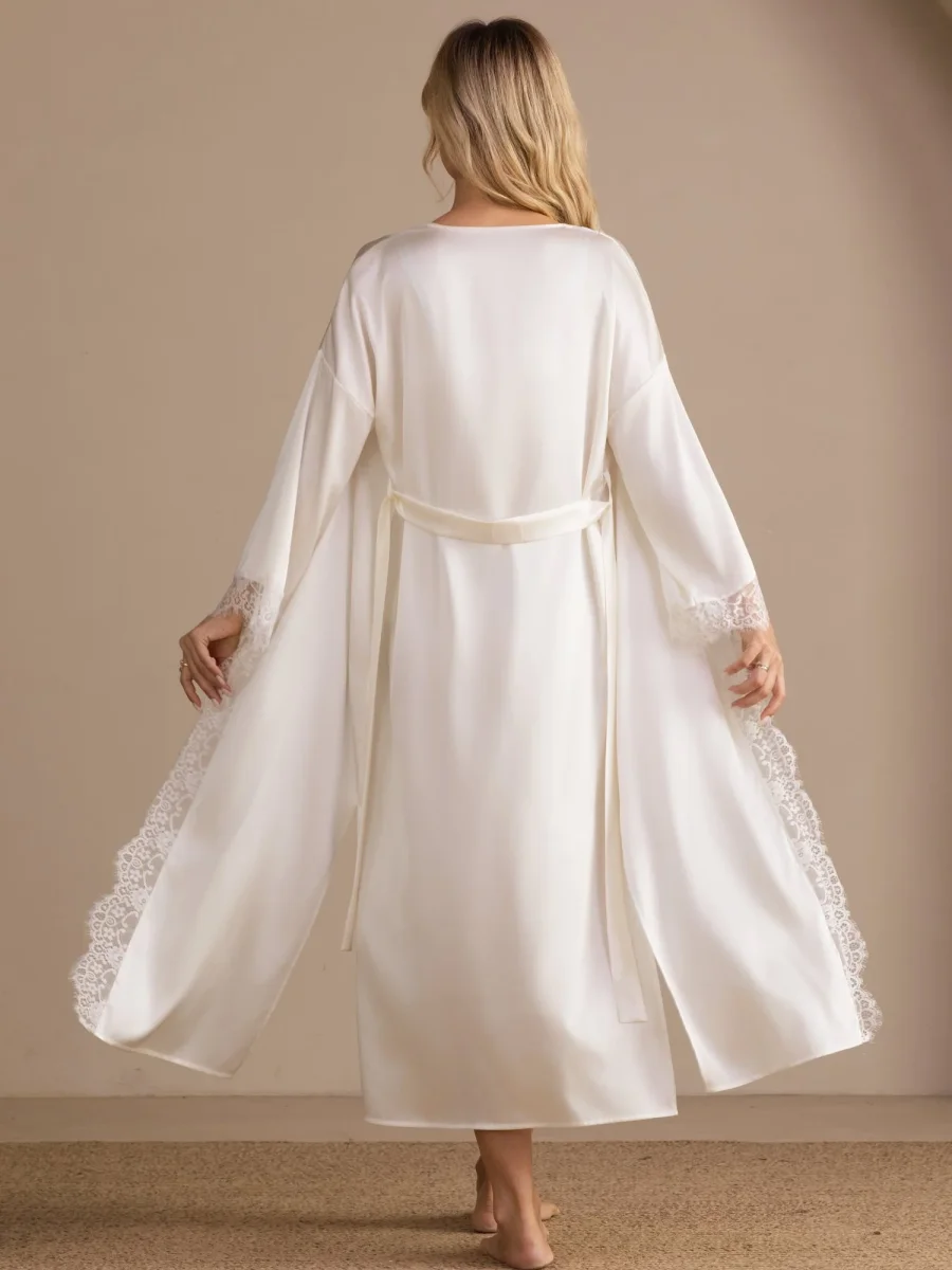100 Percent Seda De Morera Mujer Mangas Kimono Encaje Ribete Midi Bata Para Novia - Imagen 3